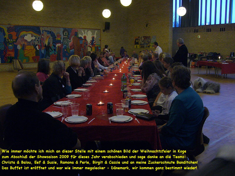 Wie immer mchte ich mich an dieser Stelle mit einem schnen Bild der Weihnachtsfeier in Koge
 zum Abschlu der Showsaison 2009 fr dieses Jahr verabschieden und sage danke an die Teams:
 Christa & Balou, Eef & Susie, Ramona & Perle, Birgit & Cassie und an meine Zuckerschnute Banditchen!
 Das Buffet ist erffnet und war wie immer megalecker - Dnemark, wir kommen ganz bestimmt wieder!